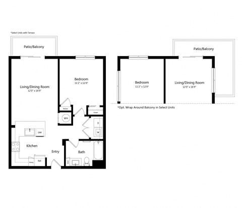 Floor plan for 1 bed, 1 bath, 722 sqft